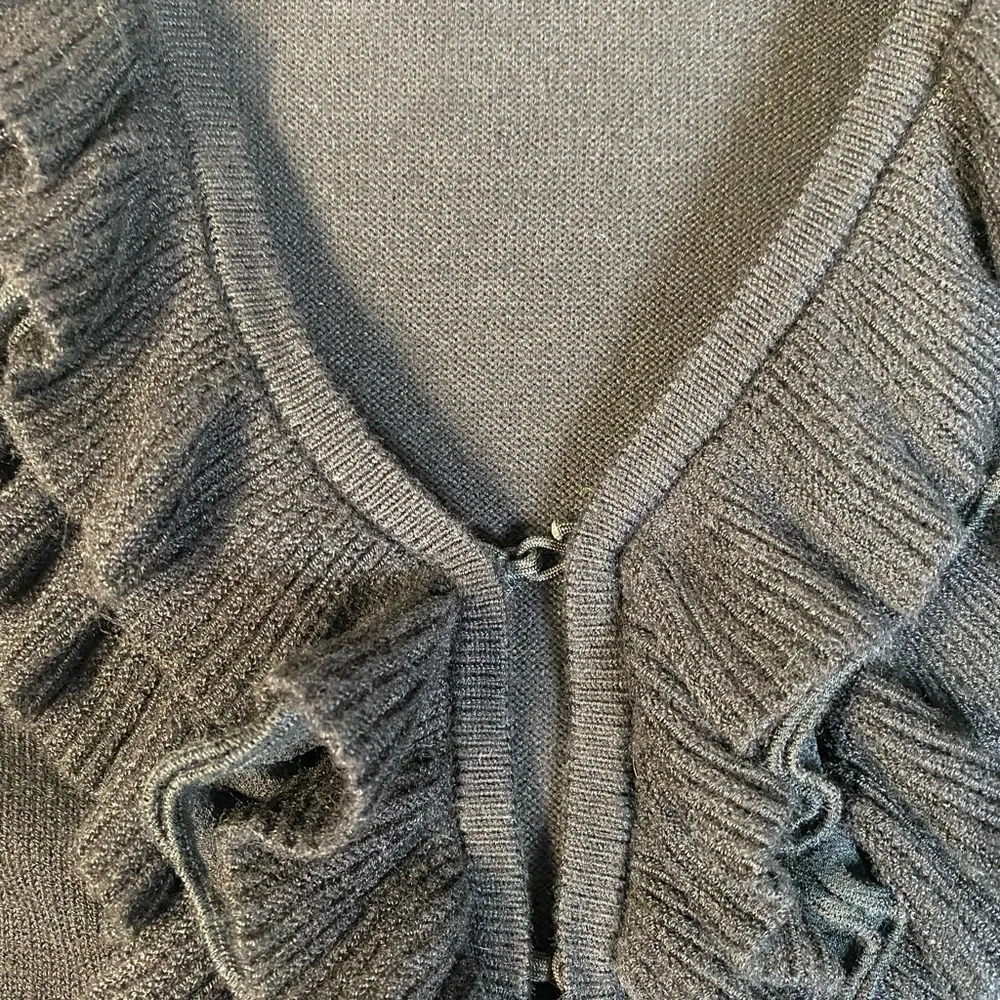 Chico’s Ruffled Black Dressy Cardigan Sweater Size 2 V-Neck Very Soft